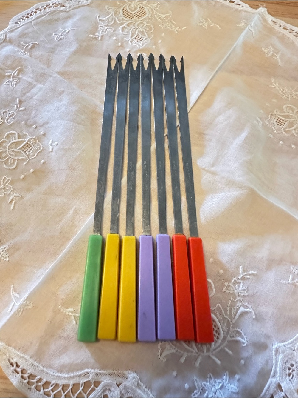 Vintage Nevco Fondue Forks Set of 7 Colorful Plastic Handles Retro